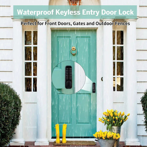 Keyless Mechanical Combination Lock With Keypad, Black Finish, No Batteries Or Wiring Needed, One Hundred Percent Mechanical Door Lock installed on green door in rain