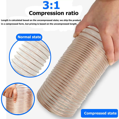Heavy Duty Shop Grade Vacuum Hose Flexible Dust Collector Pipe Built Tough For Woodworking showing 3:1 compression ratio and flexible material.