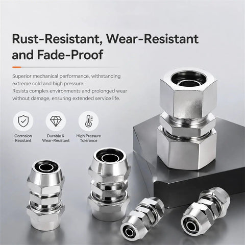8 Piece Straight Air Line Fittings Set For Truck And RV Built Tough Heavy Duty Push In Pneumatic Connectors displayed on surface