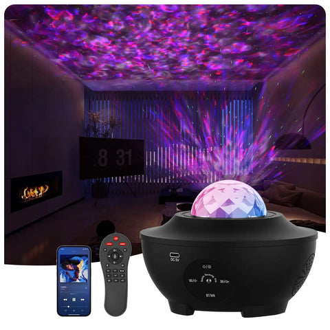 Dope Galaxy Projector For Bedroom With Ocean Light Bluetooth Speaker showing starry sky and waves in living room setting