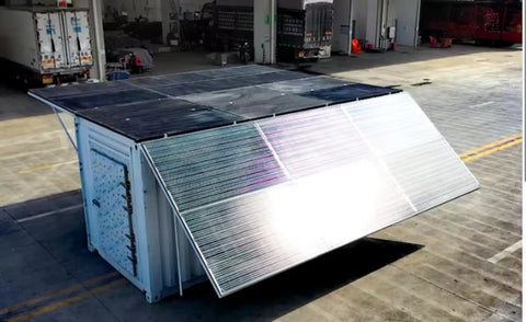 Heavy Duty Commercial Walk In Cold Storage Room Featuring Solar Cooling Panels, exterior view with solar panels folded out.