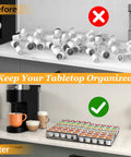 Expandable K Cup Holder Drawer for Keurig Pods, holds 30 to 60 coffee pods, shows organized vs messy countertop, space saving black drawer