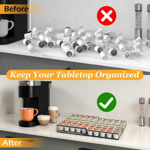 Expandable K Cup Holder Drawer for Keurig Pods, holds 30 to 60 coffee pods, shows organized vs messy countertop, space saving black drawer