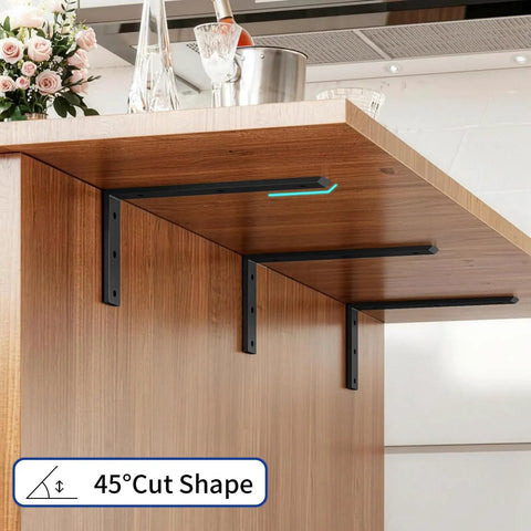 Three Six Pack Heavy Duty Countertop Brackets 14 Inch Long By 6 Inch High, 1.6 Inch Wide, 8 Mm Thick in black on a wood counter