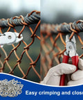 Hog Ring Pliers Kit With 300 Galvanized Rings used for fastening on a fence, showing straight pliers and a gloved hand.