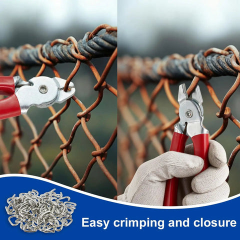 Hog Ring Pliers Kit With 300 Galvanized Rings used for fastening on a fence, showing straight pliers and a gloved hand.