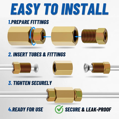 Garage Ready Heavy-Duty Zinc Coated Brake Line Tubing Kit installation steps for fittings and lines with secure connections.