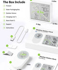 Box contents for All In One Weather Station With 1 Wireless Remote Sensor, showing components and measurements.