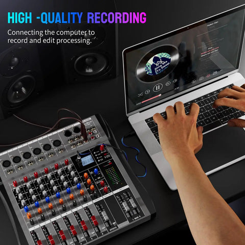 Person using laptop connected to Six Channel DJ Mixer With Bluetooth Streaming And USB Interface, Six XLR Mic/Line Inputs