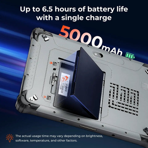 Built Like A Tank Rugged Tablet Running Windows 11 Pro with 5000mAh battery detail for long field use.