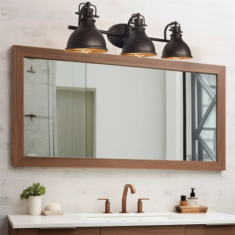 Beacon 27 Inch Three Light Industrial Vanity Light With Brass Interior Shades Modern Farmhouse Wall Sconce In Oil Rubbed Bronze Finish For Bathroom Rustic Yet Sleek Industrial Lighting over large mirror in bathroom