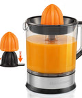 Elite Gourmet Citrus Juicer 1.2 L Capacity Black And Stainless Steel Electric Orange Lemon Squeezer with dual cones and pitcher.