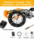 Rock Solid Plug And Play Cordless Cable Puller With 10000mAh Battery showing 20m and 30m pulling wire, 1 battery, and charger.