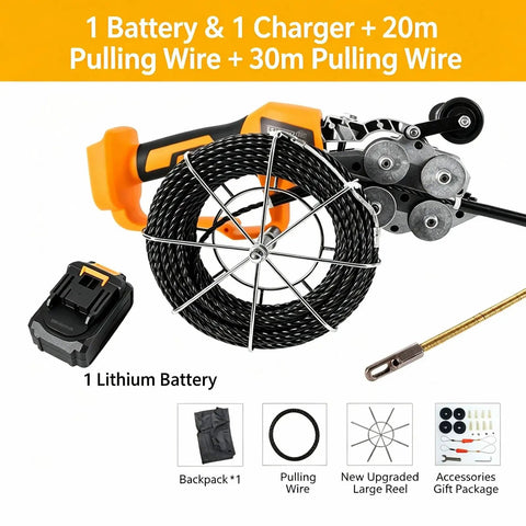 Rock Solid Plug And Play Cordless Cable Puller With 10000mAh Battery showing 20m and 30m pulling wire, 1 battery, and charger.