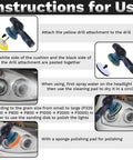 Instructions for using All In One Car Headlight Restoration Kit For Any Vehicle Includes 38 Piece Polishing And Cleaning Set With 3 Inch Discs Sanding Pads Scouring Pads And Drill Compatible Universal Headlight Renewal For Clear Bright Night Driving with drill attachment and sanding pads.