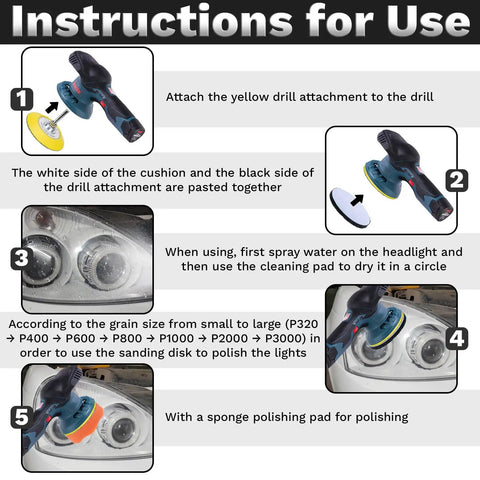 Instructions for using All In One Car Headlight Restoration Kit For Any Vehicle Includes 38 Piece Polishing And Cleaning Set With 3 Inch Discs Sanding Pads Scouring Pads And Drill Compatible Universal Headlight Renewal For Clear Bright Night Driving with drill attachment and sanding pads.