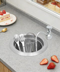 Dipper Well Faucet & Bowl Set, Coffee Shop Bar Counter Sink Faucet with stainless steel bowl and utensils on countertop.