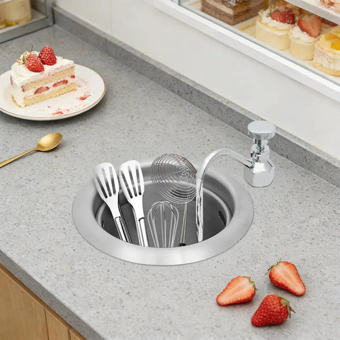 Florchest Dipper Well Faucet and Bowl Set, 7”×8.5” Shop Bar Counter Sink Faucet with utensils in sink.