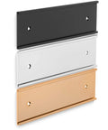 Custom Desk Name Plate With Aluminum Holder For Office Signage, shown in black, silver, and gold, 2x8 inch size, wall mount option