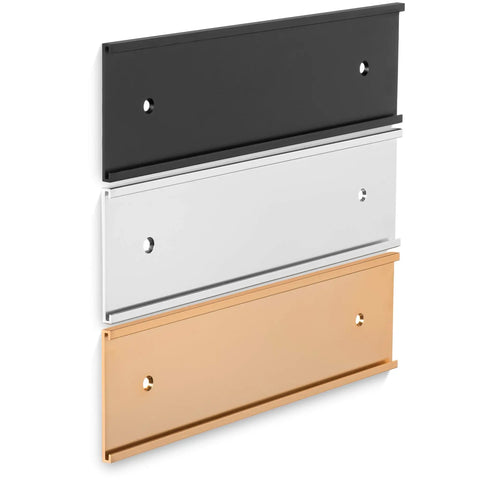 Custom Desk Name Plate With Aluminum Holder For Office Signage, shown in black, silver, and gold, 2x8 inch size, wall mount option