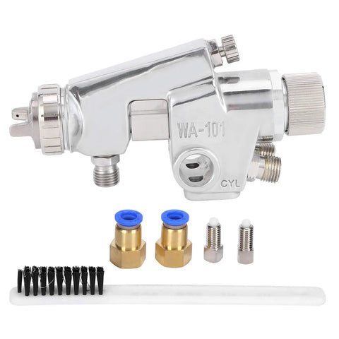 Heavy Duty Zinc Alloy Pneumatic Paint Sprayer Set With High Atomization Tech components including sprayer, nozzles, and cleaning brush.