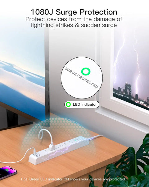 Gritty Heavy Duty Surge Protector Power Strip With Ten Foot Cord And Low Profile Plug serving six AC outlets and LED indicator on a wooden desk.