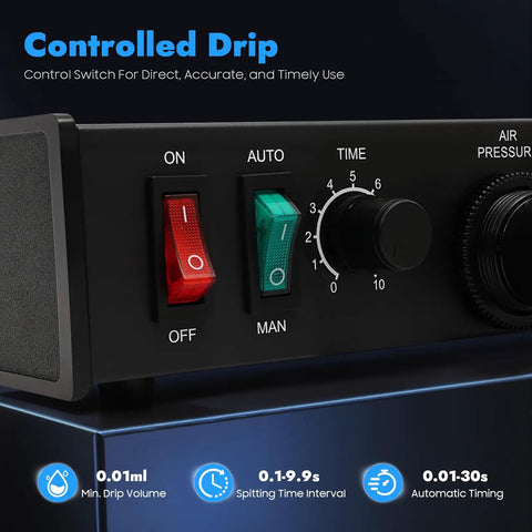 Pro Grade Semi Automatic Glue Dispenser Machine For Electronics With 0.01ml Precision And Vacuum Suck Back Solder Paste Controller Liquid Adhesive Dropper Timer Controlled Bonding Of Tiny Components And PCBs close-up control panel with ON/OFF, AUTO/MAN switch