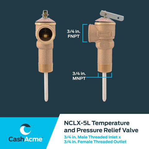 3/4 inch water heater relief valve with brass fittings and thermal protection by Cash Acme.
