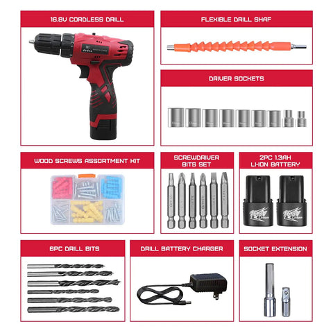 Cordless Hammer Drill Kit with 16.8V power, drill, sockets, batteries, charger, and assorted bits for quick DIY projects.
