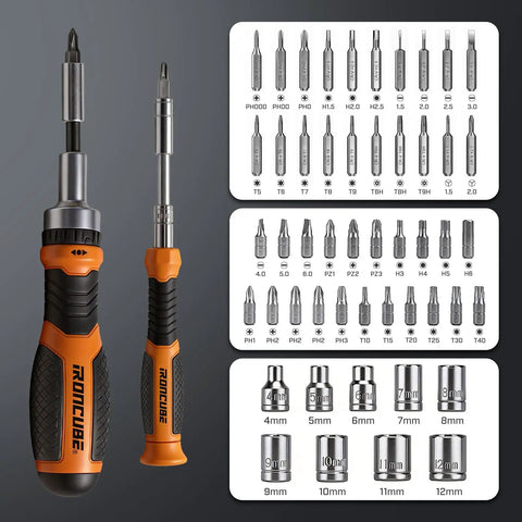 Ratcheting Screwdriver Set With Magnetic Case, 56 Piece Multi Bit Tool Kit Featuring 21 Driver Bits And 20 Precision Bits, orange handle