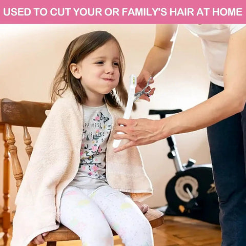 Pink Cordless Hair Trimmer Kit For Women To Snip Split Ends And Trim Bangs Or Bobs At Home With Professional Stainless Steel Blades Easy DIY Haircut Tool For Layers And Touch Ups Perfect Gift Idea being used on a girl in a chair.