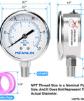 Meanlin pressure gauge front view, 0–100 psi liquid-filled, stainless steel body, 2.5-inch dial, 1/4-inch NPT outlet.