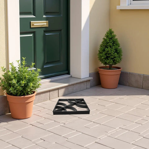 DIY Friendly Concrete Mold For Stone Path Pavers 15.72 Inch Square With 1.57 Inch Depth shown on a patio with potted plants