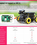Rasbot V2 AI vision robot on Raspberry Pi 5 with 360° mecanum wheels; black chassis and yellow wheels