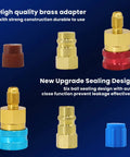 R1234YF to R134A Quick Coupler Adapter Kit for Auto AC Systems with brass adapters showcasing six ball lock seals and color-coded design