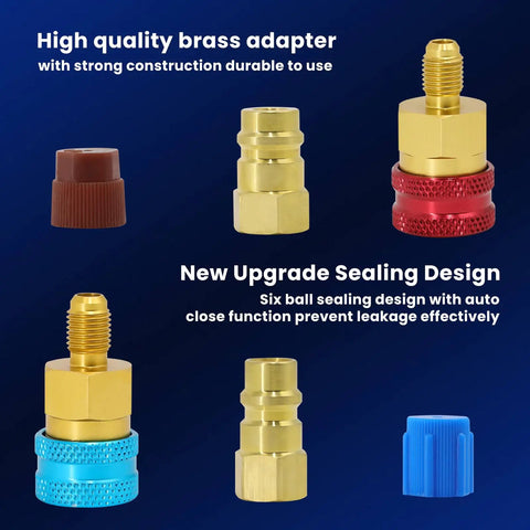 R1234YF to R134A Quick Coupler Adapter Kit for Auto AC Systems with brass adapters showcasing six ball lock seals and color-coded design