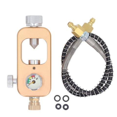 Scuba Valve Adapter 4500 Psi Fill Station With Hose, K J H valves, includes gauge, four O-rings, coiled hose, aluminum body.