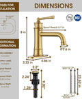Dimensions and components of Single Hole Bathroom Faucet In Brushed Brass Gold With Pop Up Drain, 24-Inch Braided Supply Hose.