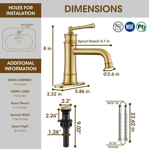 Dimensions and components of Single Hole Bathroom Faucet In Brushed Brass Gold With Pop Up Drain, 24-Inch Braided Supply Hose.