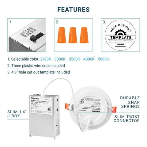 16 Pack 4 Inch Dimmable LED Recessed Lights With Junction Box And 5 CCT Switch 2700K To 5000K 9W Ultra Thin Canless Wafer Slim Panel Downlights IC Rated ETL Easy Install features shown with J-Box, wire nuts, and hole cut-out template