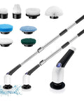 Electric spin scrubber set with multiple brush heads and extendable handles, shown with water splash effect.