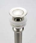 Easy Install Bathroom Sink Pop Up Drain With Overflow For Openings From 1.57 To 2.36 Inches Solid Brass Construction With Brushed Nickel FinishIncludes One And A Quarter Inch Tailpiece And Small Cap Stopper, top view showing button and threading.