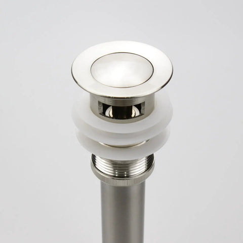 Easy Install Bathroom Sink Pop Up Drain With Overflow For Openings From 1.57 To 2.36 Inches Solid Brass Construction With Brushed Nickel FinishIncludes One And A Quarter Inch Tailpiece And Small Cap Stopper, top view showing button and threading.
