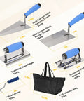 10 Piece Concrete Trowel Tool Set For Masonry Pro Grade Hand Tool Kit Includes Finishing Trowel Pool Trowel Wood Float Gauging Trowel Concrete Edger Groover Wire Twister Gloves And Heavy Duty Tool Bag displayed with size and weight details.