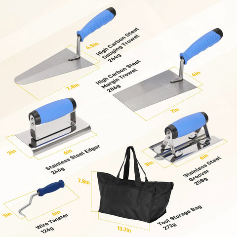 10 Piece Concrete Trowel Tool Set For Masonry Pro Grade Hand Tool Kit Includes Finishing Trowel Pool Trowel Wood Float Gauging Trowel Concrete Edger Groover Wire Twister Gloves And Heavy Duty Tool Bag displayed with size and weight details.