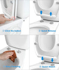 Diagram showing steps for using Elongated Toilet Seat With Cover Oval Quiet Close One Click Release For Easy Cleaning And Quick Removal