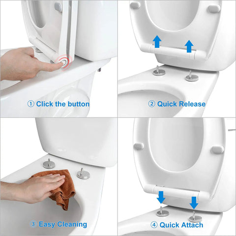 Diagram showing steps for using Elongated Toilet Seat With Cover Oval Quiet Close One Click Release For Easy Cleaning And Quick Removal
