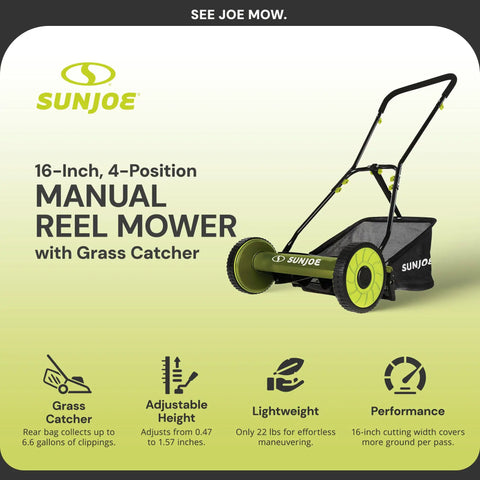 Manual Reel Lawn Mower For Small Yards No Gas With 16 Inch Cutting Width shown with grass catcher and adjustable height.