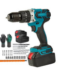 Heavy Duty Cordless Drill And Power Screwdriver Kit With Two 1500 Mah Packs, 25 Plus One Torque Clutch, Variable Speed, Built In Lamp, Full Bit Set And Rugged Case For Zero Hassle Home Projects, showing drill, batteries, and accessories.
