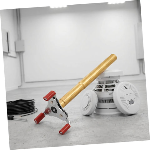 Dead Simple Fire Alarm Removal Tool With Long Extendable Pole positioned beside a ceiling smoke detector in a spacious room.